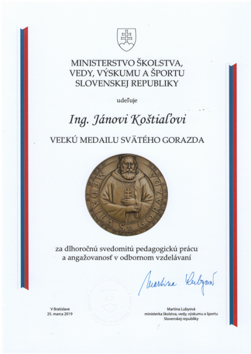 Najvyššie vyznamenanie v rezorte školstva pre Ing. Jána Koštiala  zo SOŠ Stará Turá