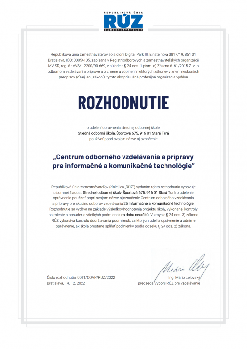SOŠ v Starej Turej je Centrom odborného vzdelávania a prípravy (COVP) pre Informačné a komunikačné technológie
